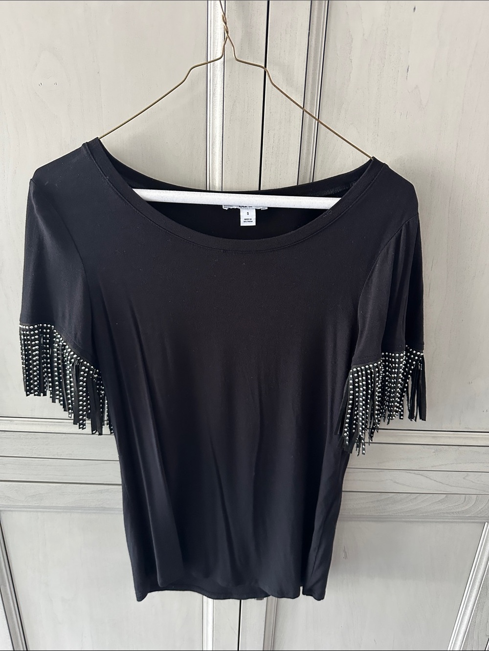 Bar III Black Fringe Short Sleeve Top with Stud Detail